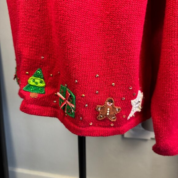 Vtg Red Long Sleeve Ugly Christmas Holiday Sweater Beads Sequins Med Santa Zippe - Picture 10 of 10